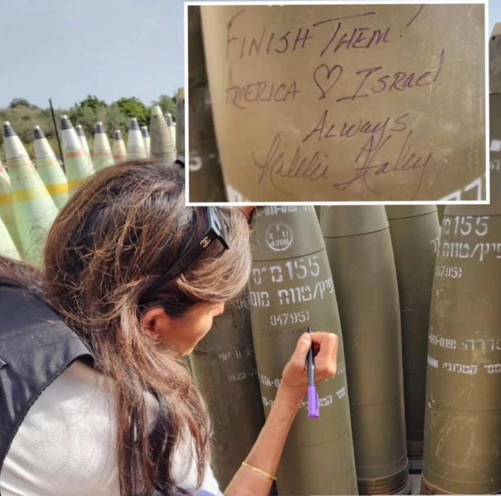 The 29th US ambassador to the United Nations Nikki Haley signing the rockets dropped in Rafah — Finish them