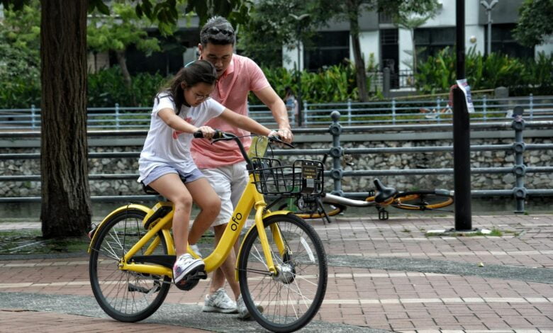 A Girl Riding a Bike with the Help of her Father